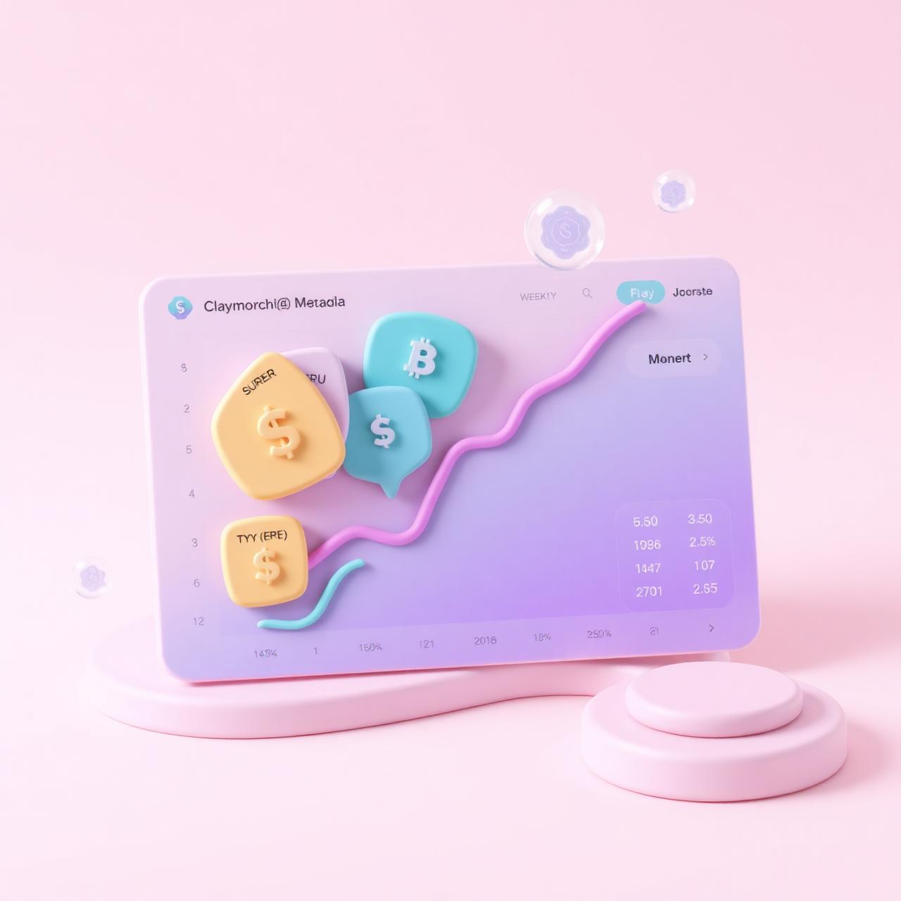 Claymorphism dashboard showing multi-currency wallets and AI growth projections