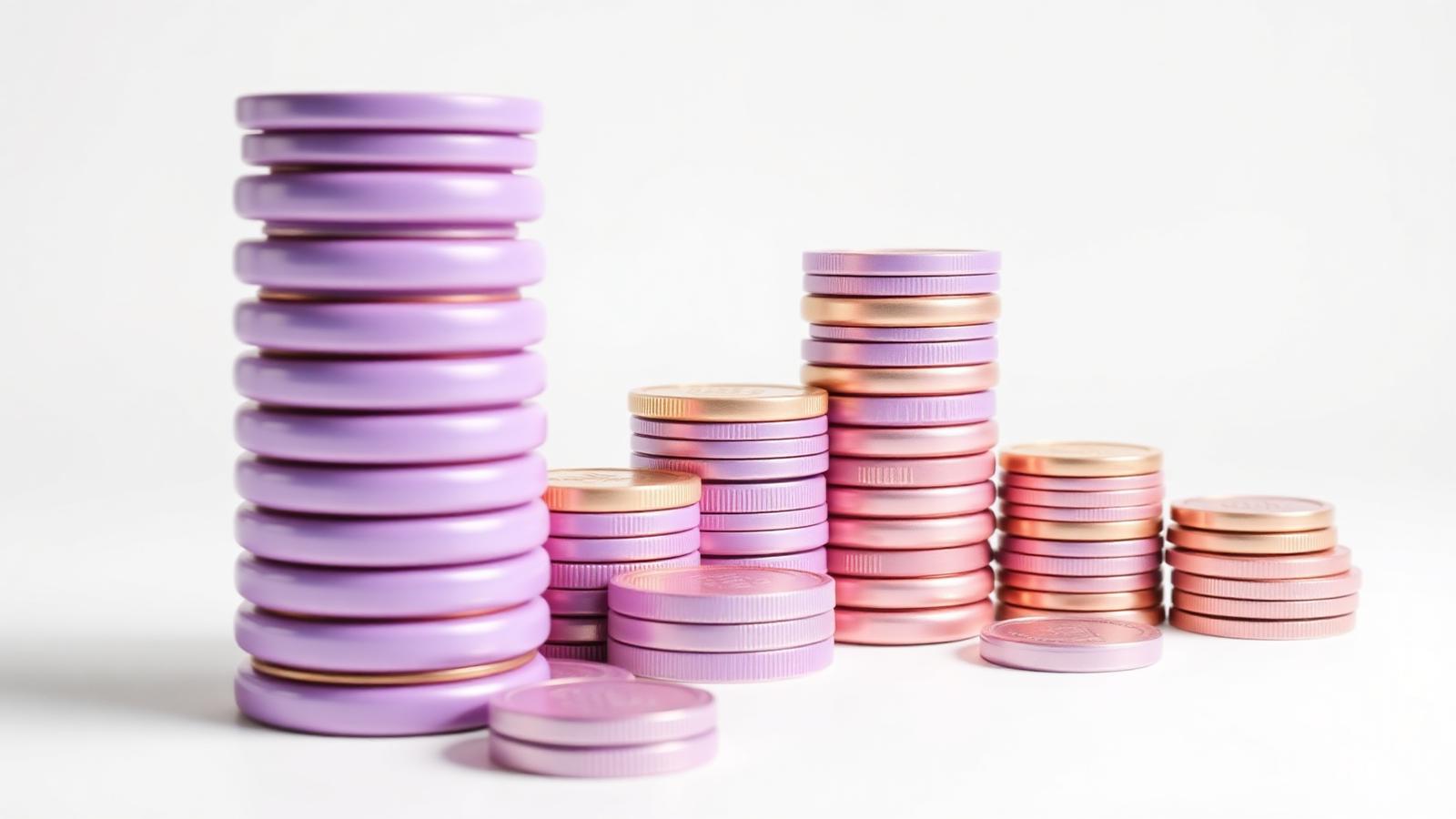 Claymorphism coin stacks growing upward, representing compounding wealth